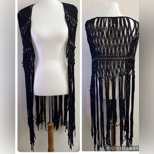 (sold) Black Fringe Crochet Vest Boho Chic Western Goth Fall Casual